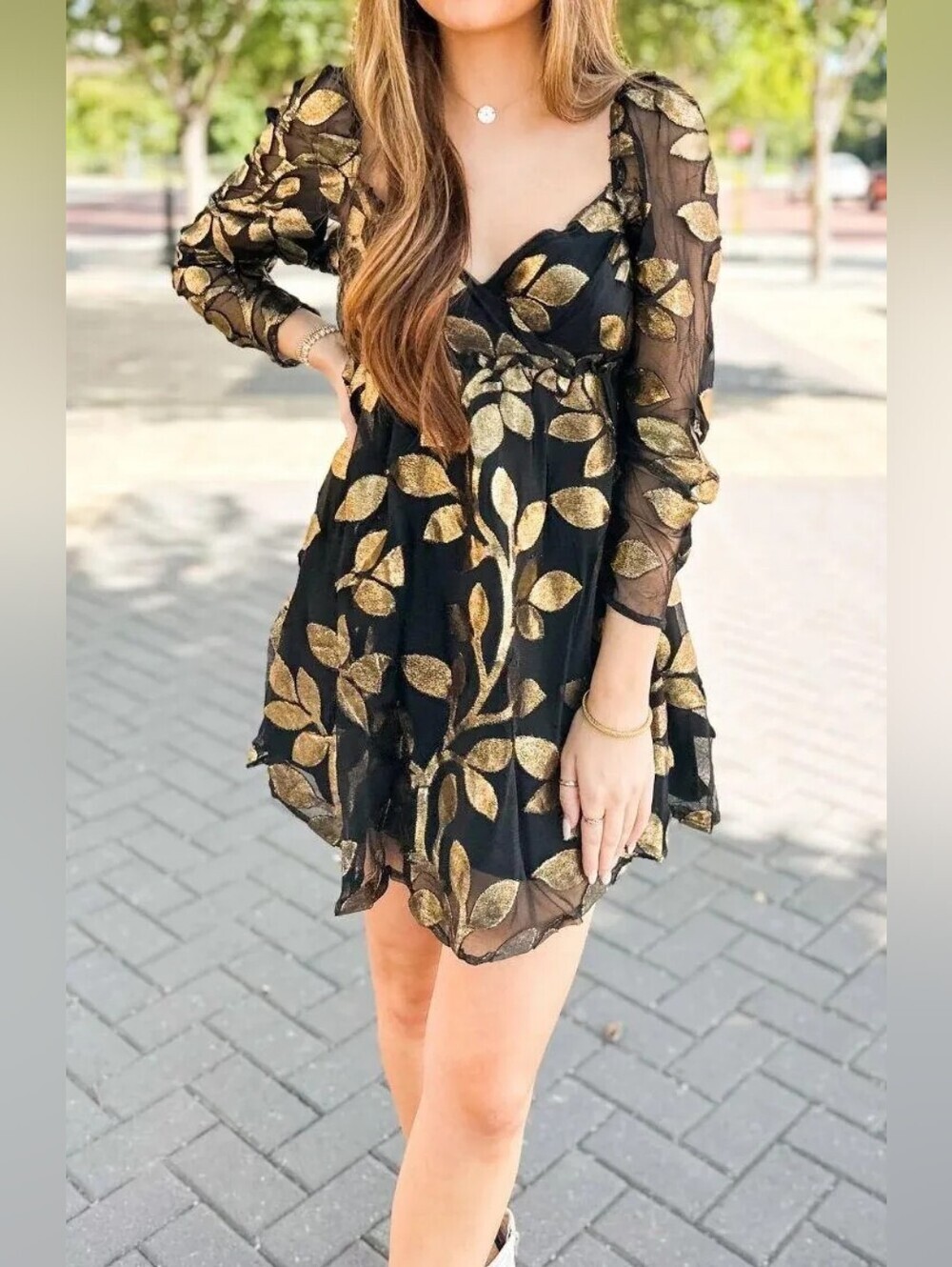 Buddy Love Black Mini Dress with Gold Leaf Appliqué